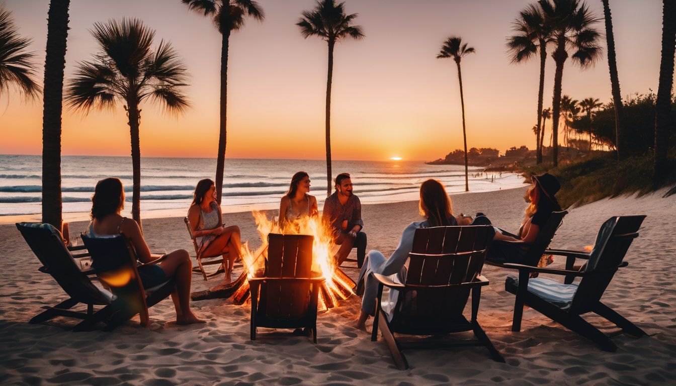 A group of friends enjoying a beach bonfire at sunset.