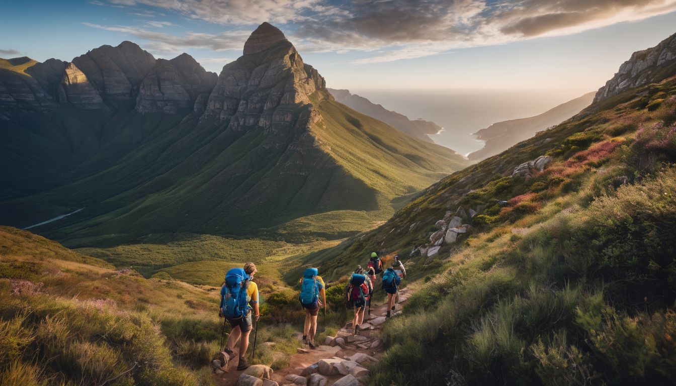 A group of hikers conquering a steep mountain trail in South Africa.