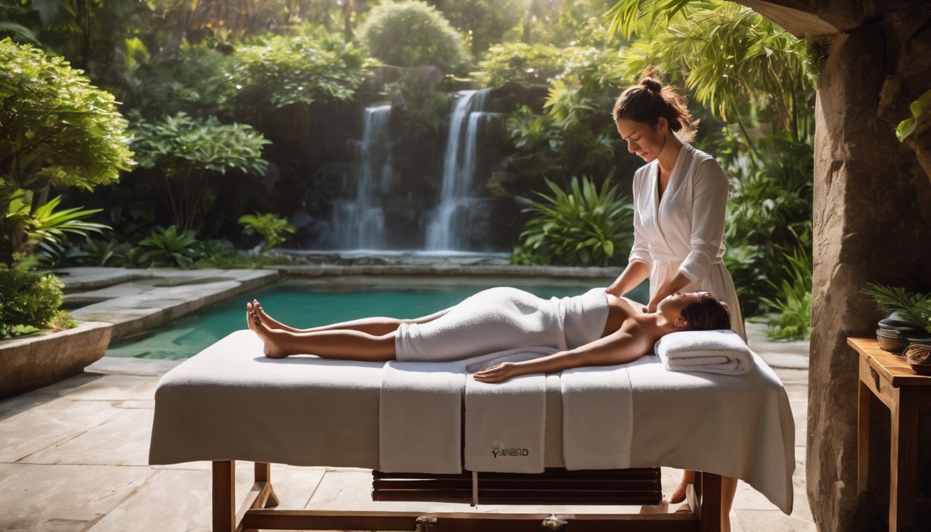 A woman enjoying a massage in a serene spa garden.