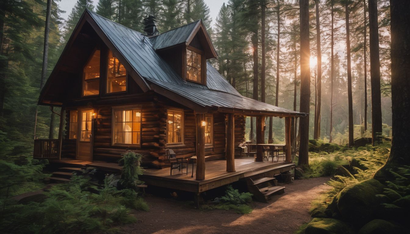 A cozy cabin in a forest clearing, surrounded by towering trees.