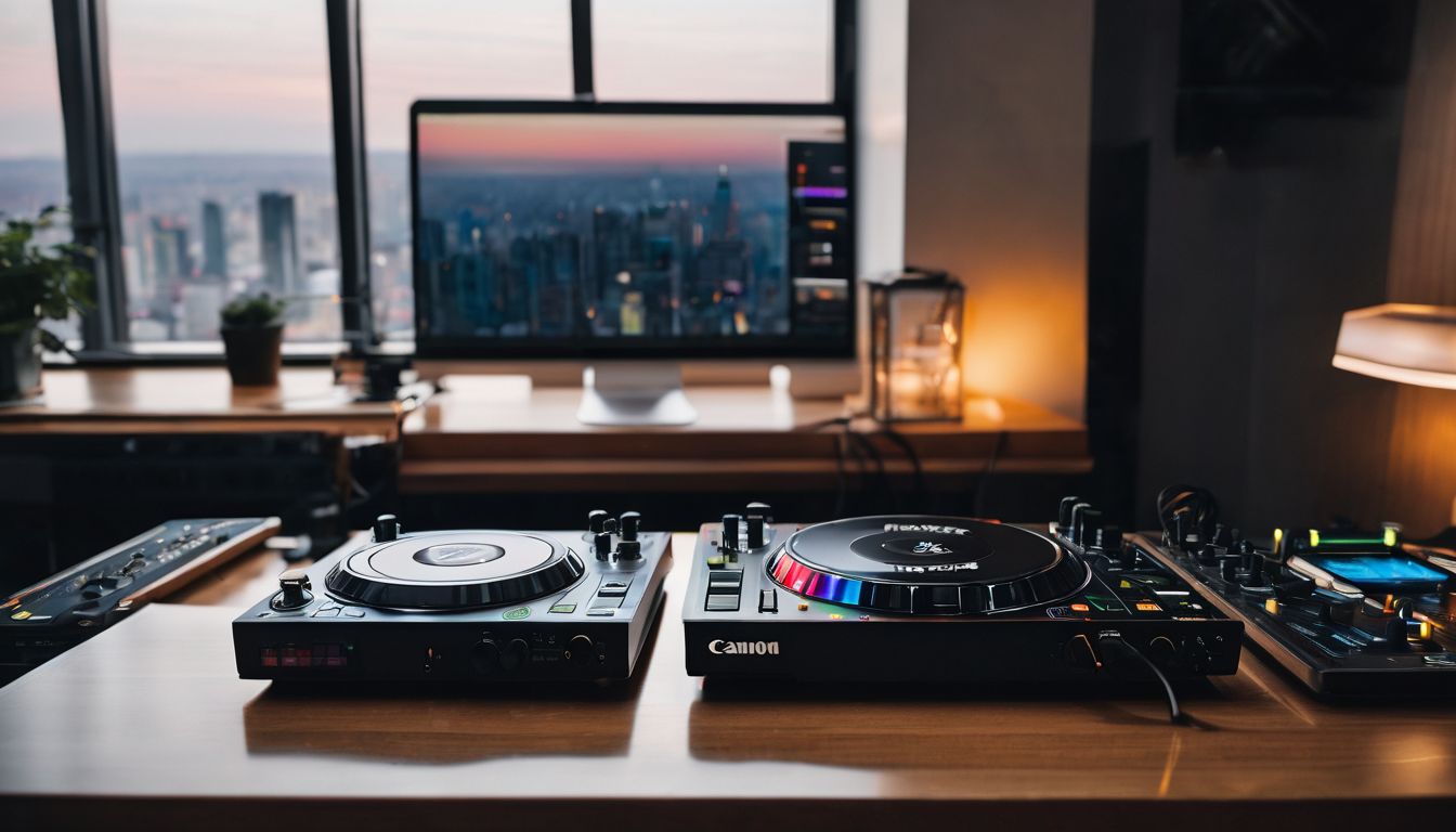 A DJ controller on a modern desk in a bustling city.