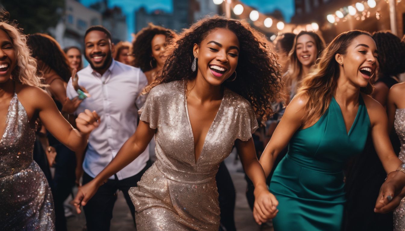 A group of people joyfully dancing at a vibrant city party.