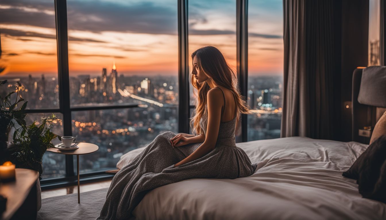 A cozy room with a city skyline view and various people.