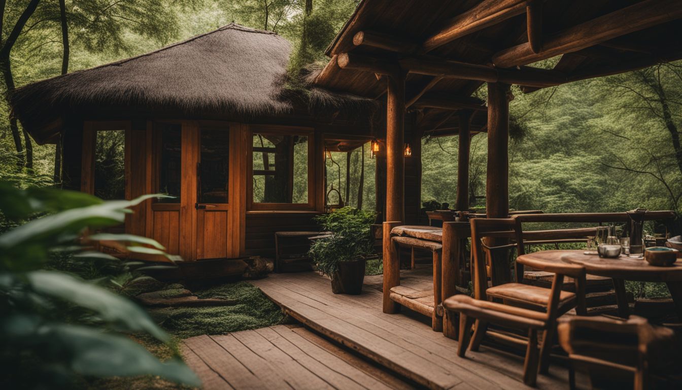 A cozy cabin in a peaceful nature reserve surrounded by lush greenery.