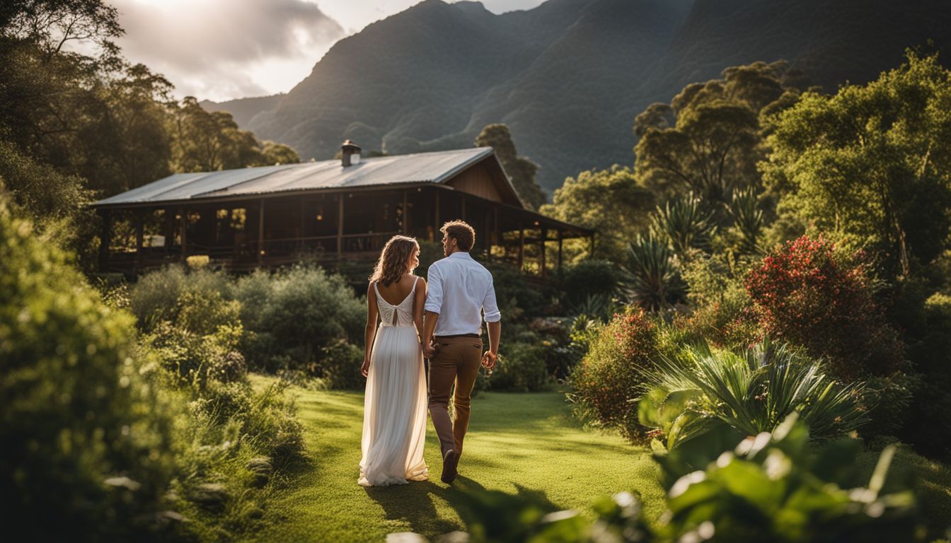 A couple walking through the gardens of Arumvale Country Lodge.