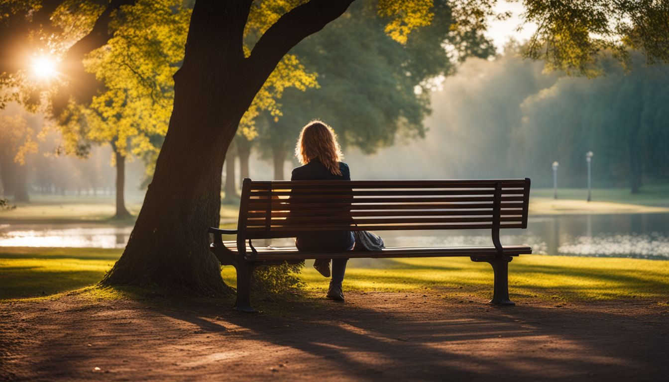 An empty park bench surrounded by peaceful nature in a bustling atmosphere.