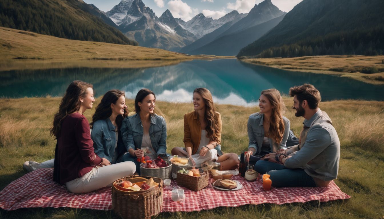 A group of friends enjoying a picnic with a mountain backdrop.