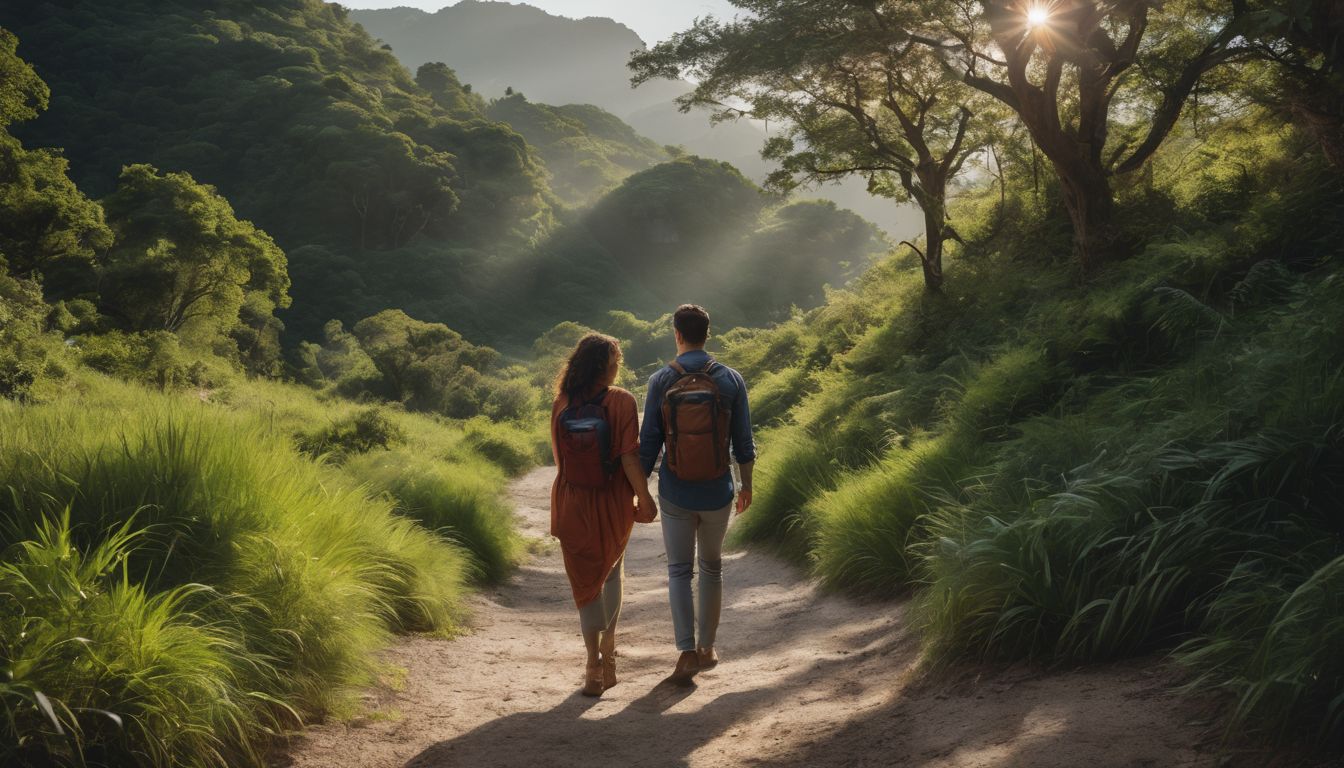 A couple walking through a peaceful nature reserve surrounded by lush greenery.