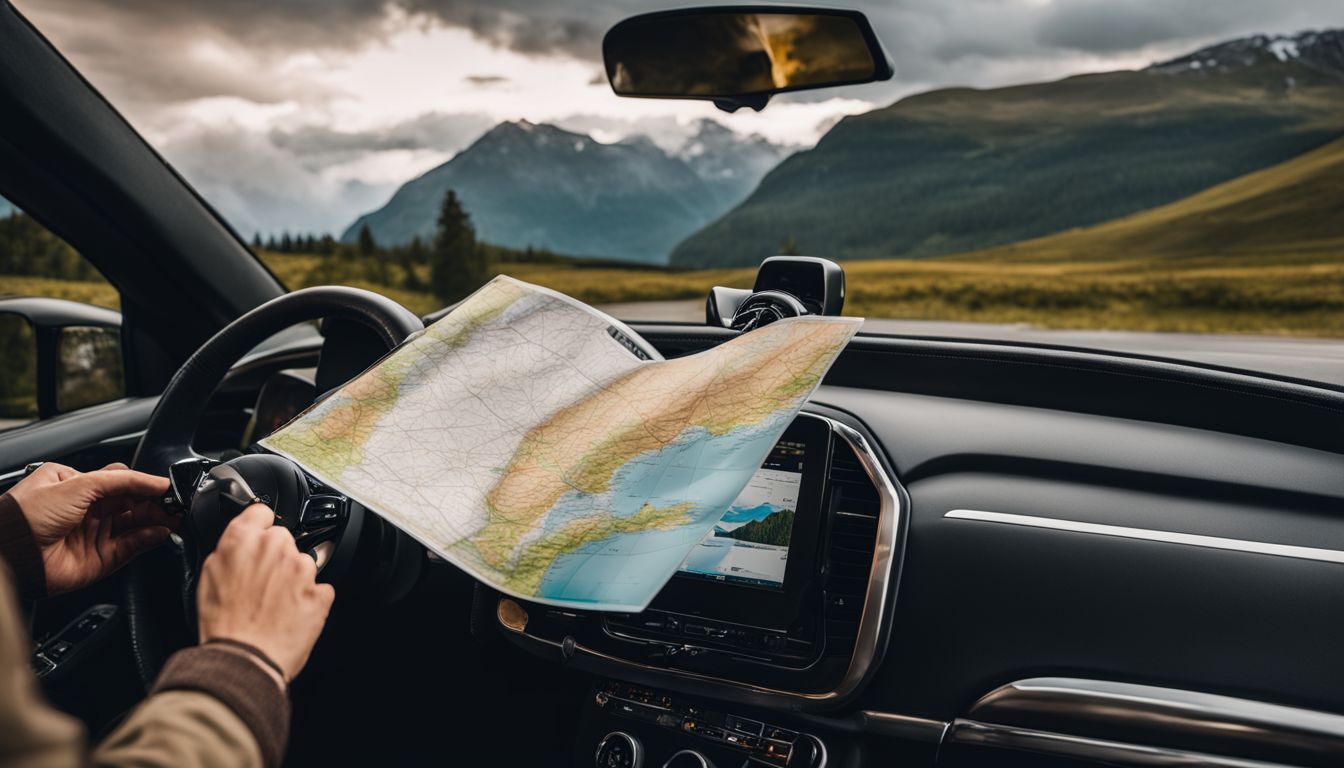 A parked car in a scenic mountain landscape with a map and budget planner on the dashboard.