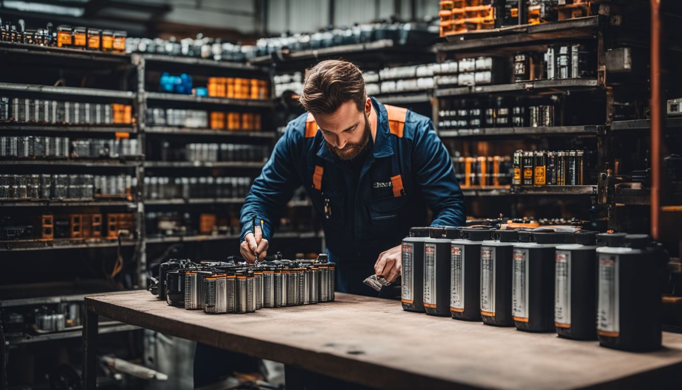 An electrician inspecting batteries in a busy workshop.