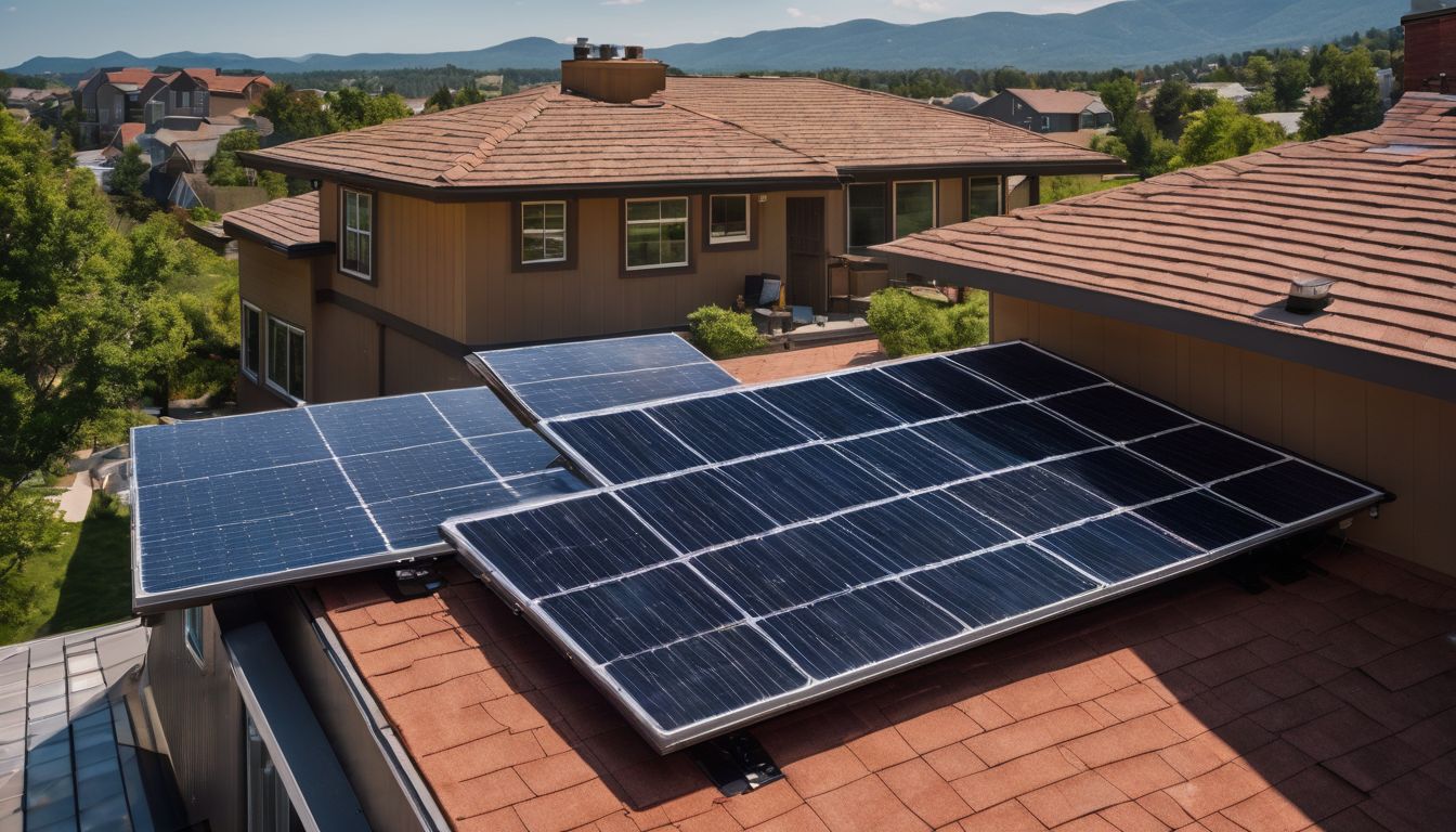 Two solar panels installed on a suburban rooftop with a house.