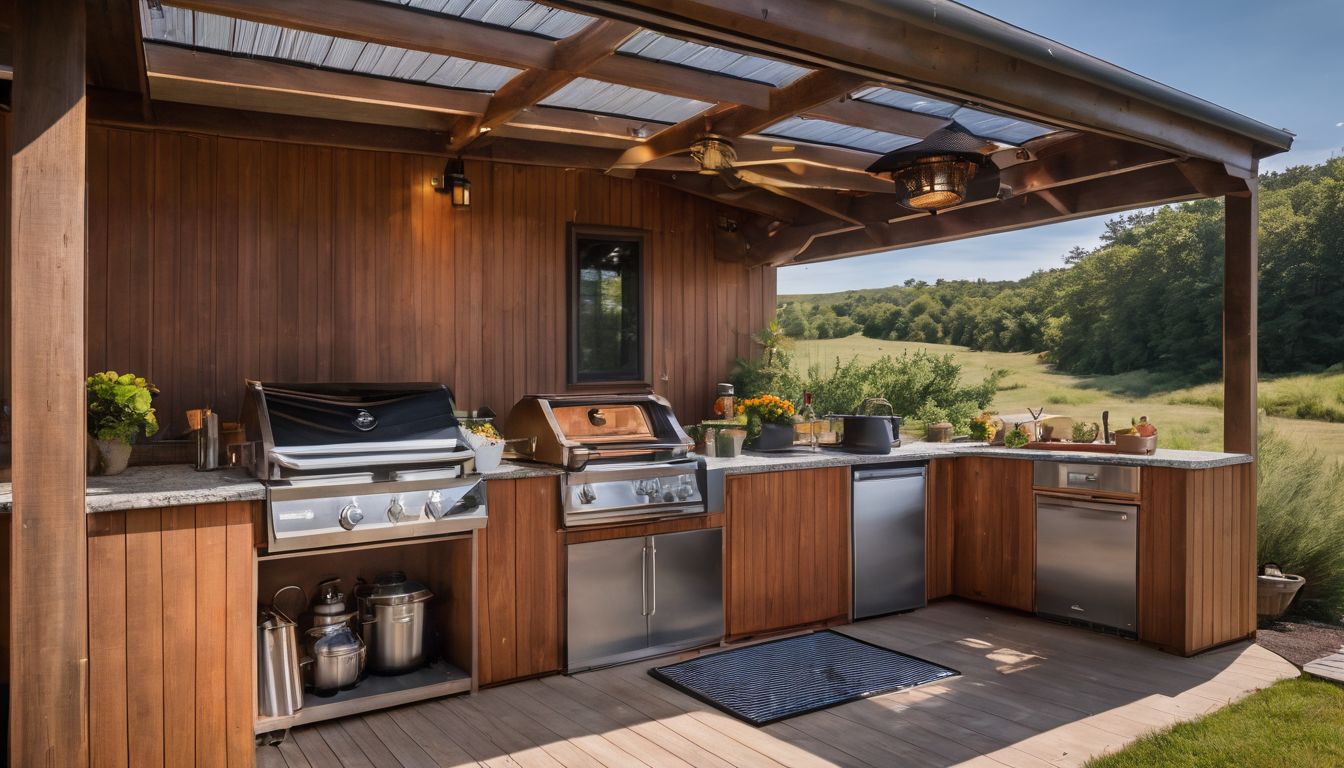 An outdoor kitchen with a solar-powered stove in a bustling atmosphere.