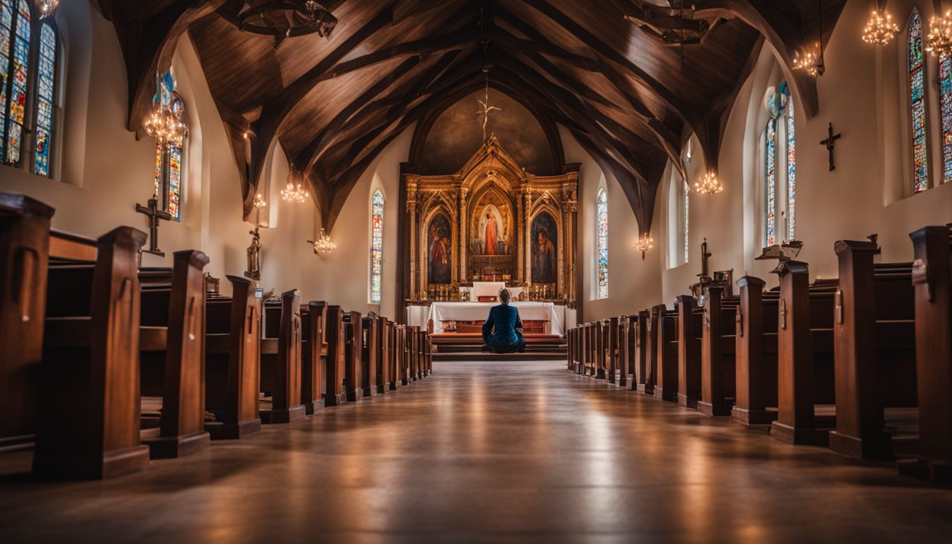 Una persona sentada sola en una iglesia rodeada de imaginería religiosa.