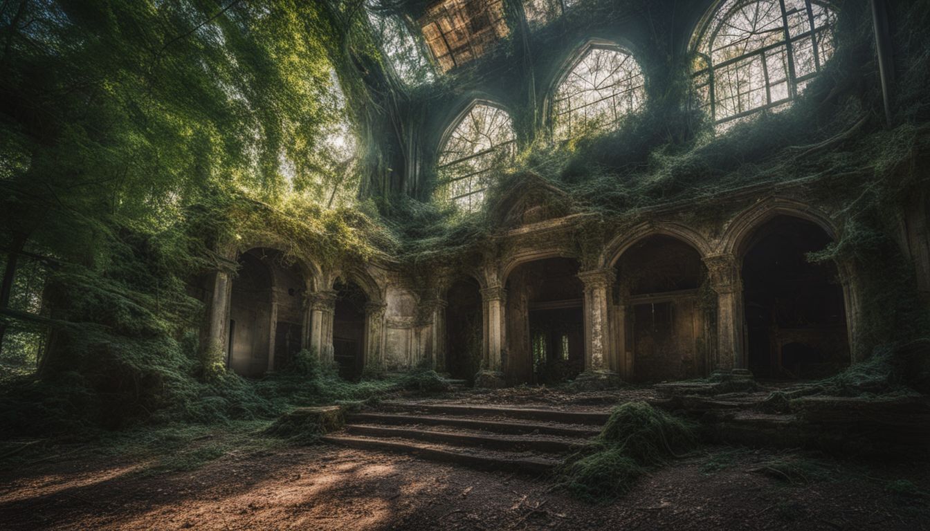 An abandoned place of worship overtaken by nature in a bustling atmosphere.