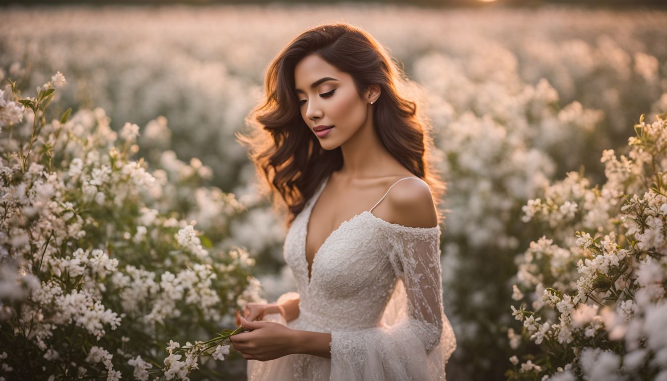 A woman in a stylish evening gown walking through a field of jasmine flowers.