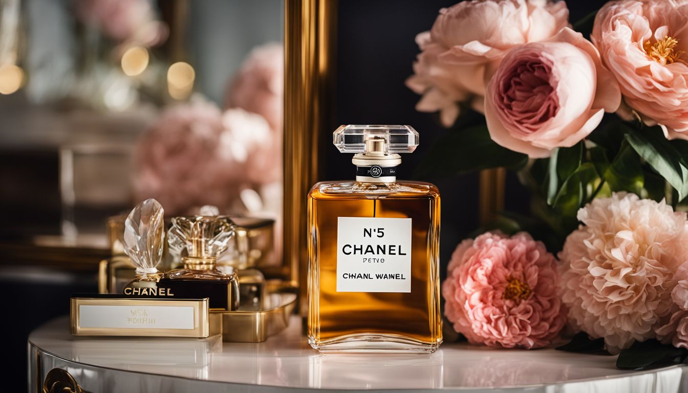 A vintage bottle of Chanel No 5 on an elegant vanity table.