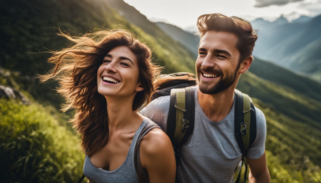 A couple enjoys a scenic mountain hike surrounded by lush greenery.