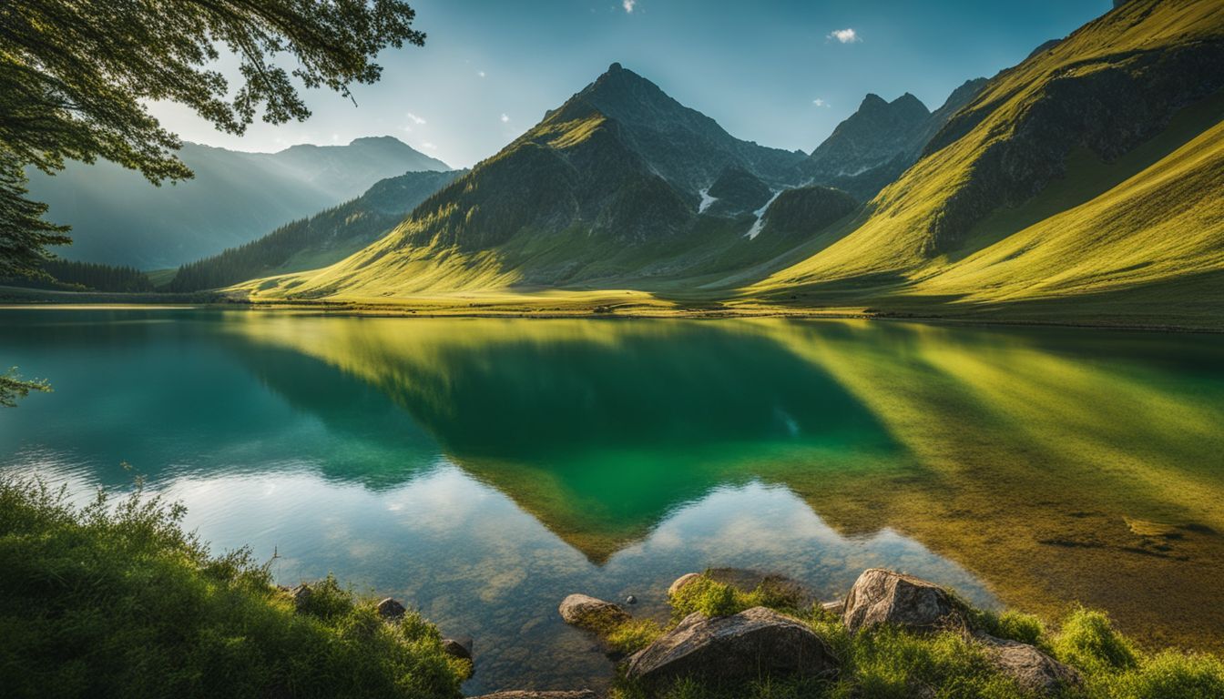 A scenic view of a serene mountain lake in a lush valley.