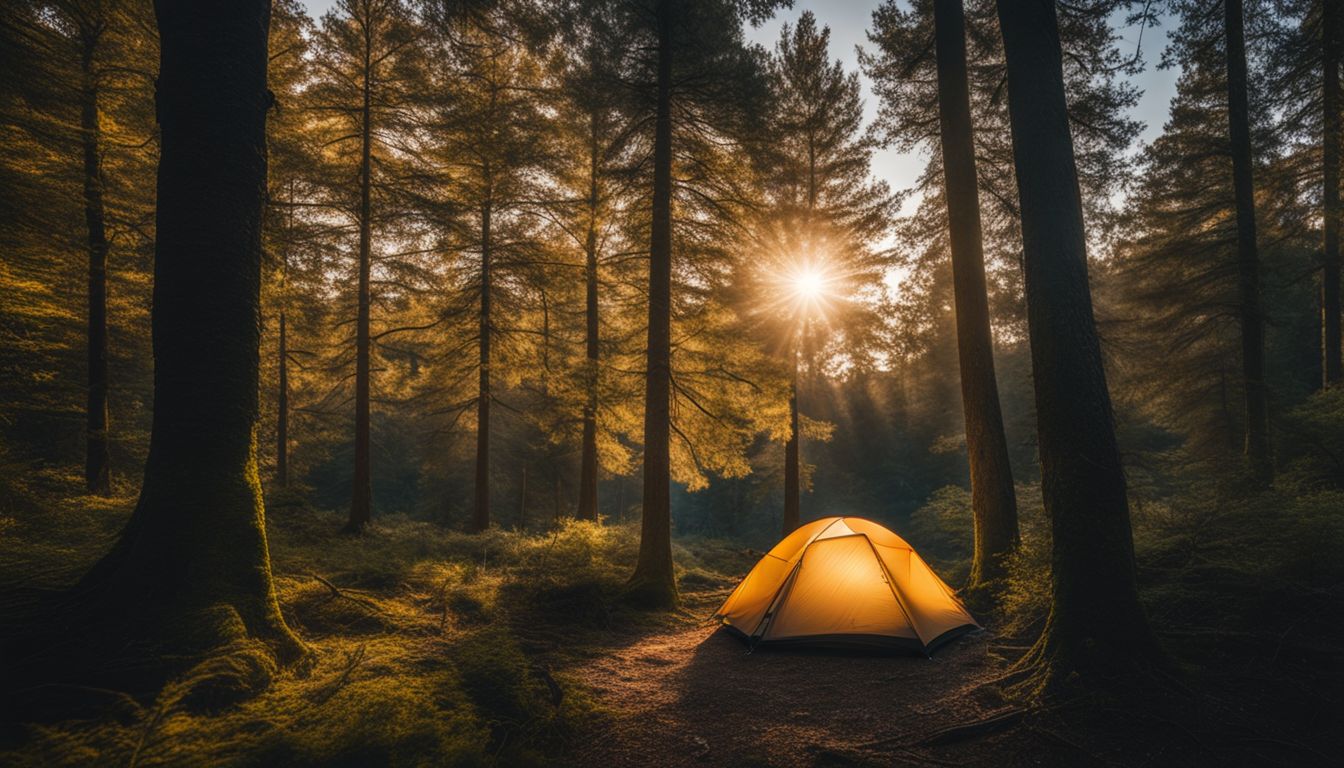 A camping tent in a peaceful forest clearing.
