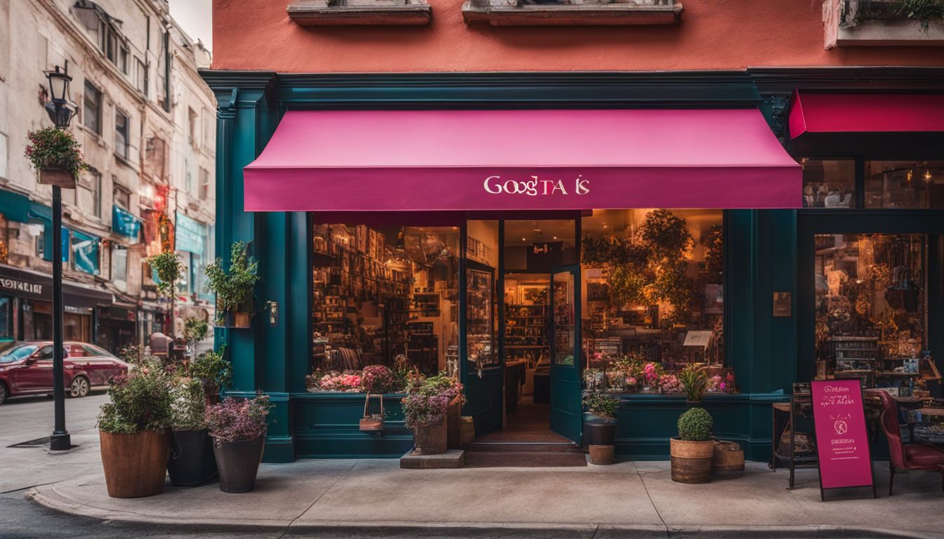 A vibrant storefront with a prominent Google My Business profile and cityscape photography.