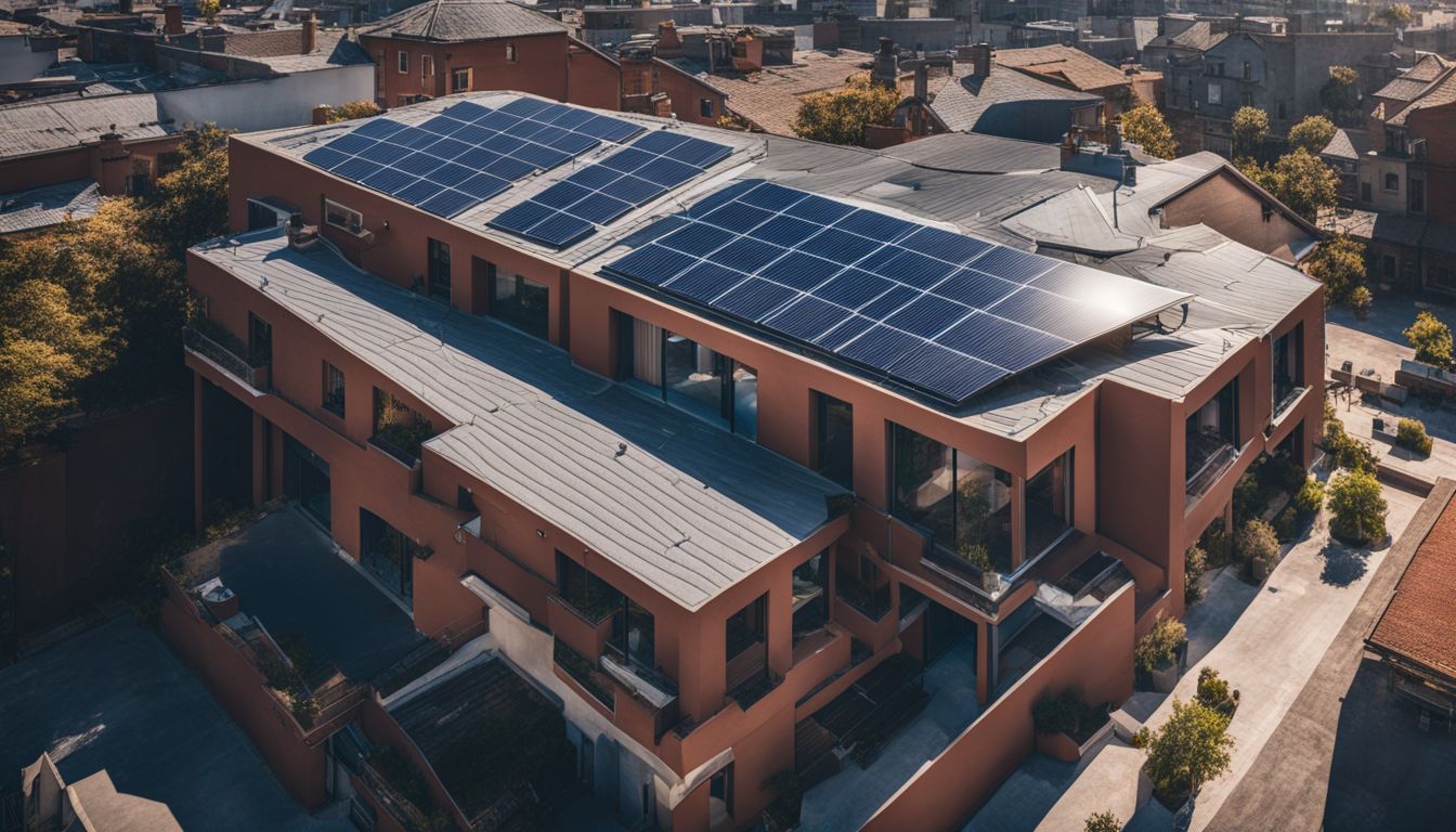 A rooftop with solar panels under clear skies, with varied people.