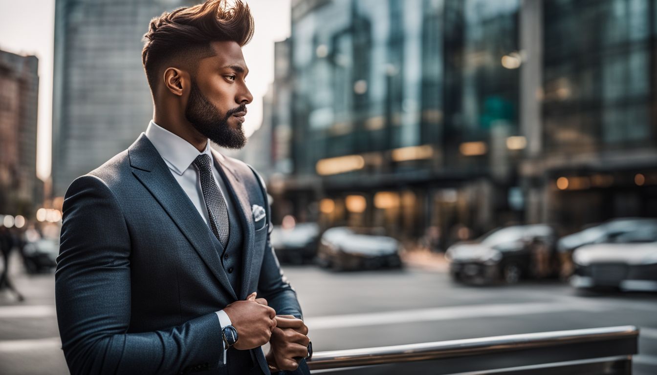 A confident man in a sharp suit standing in a modern urban environment.