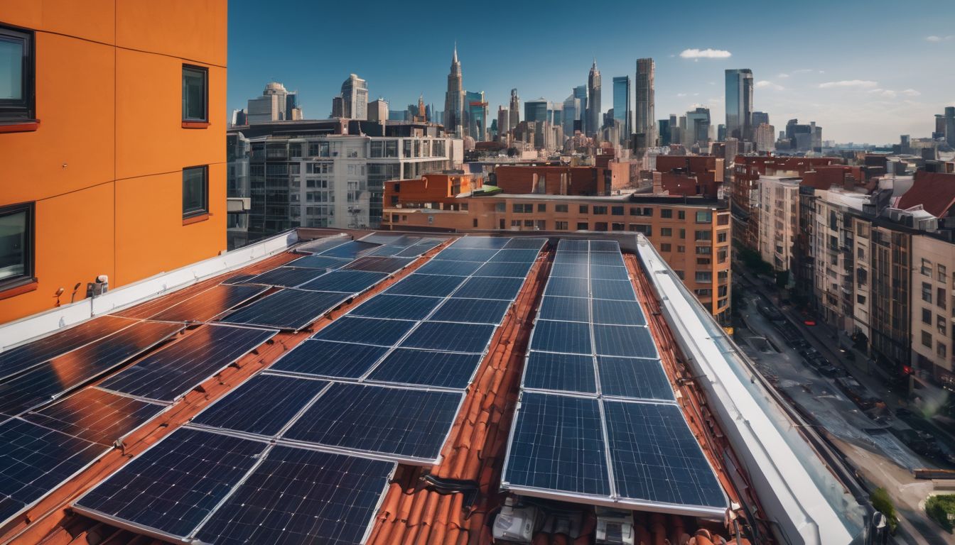 A rooftop with solar panels in a bustling cityscape.