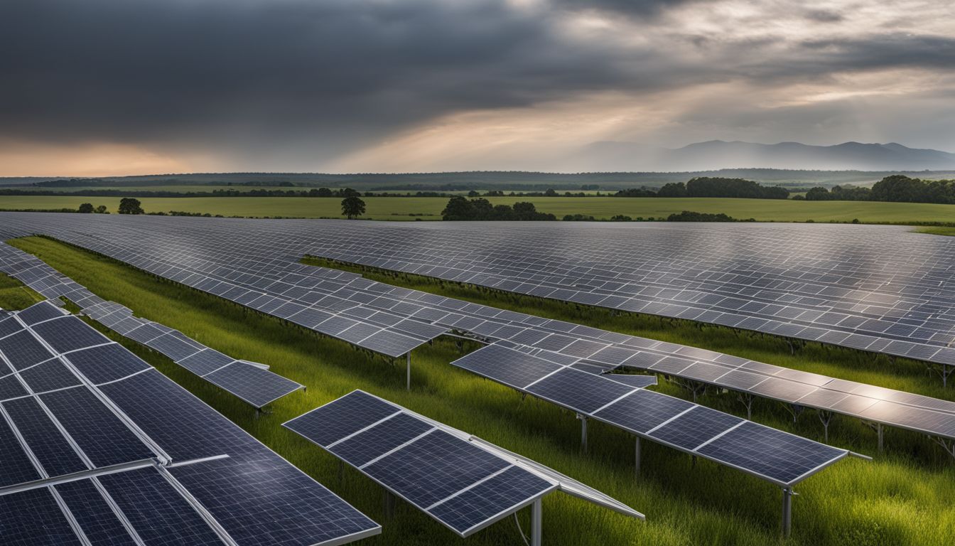 A field of solar panels under overcast skies in a bustling atmosphere.