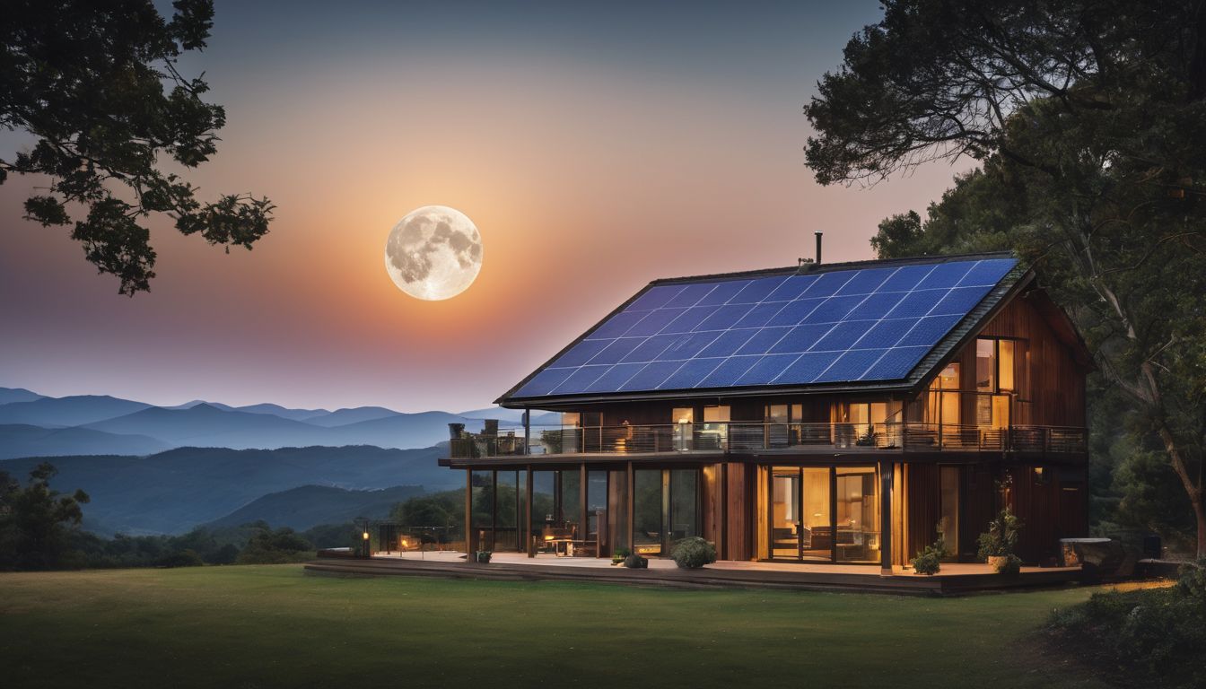 A solar panel array under a full moon in a peaceful landscape.