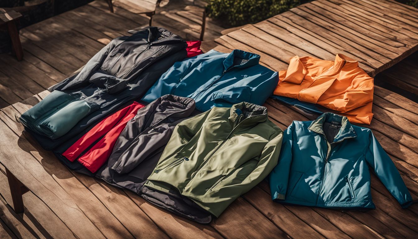 A collection of vibrant and weather-resistant clothing on a wooden table.