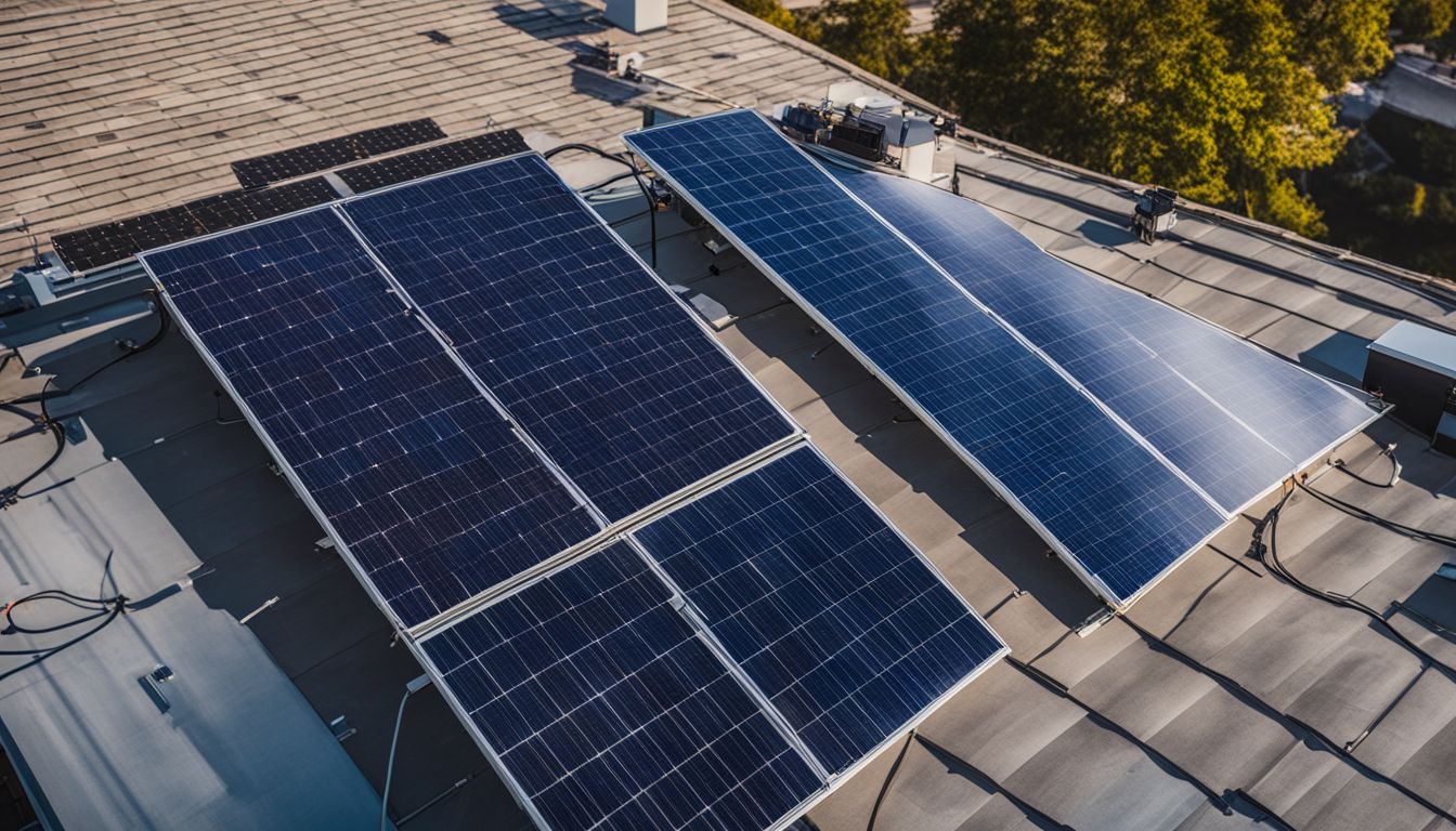 A rooftop solar panel installation with diverse people and modern equipment.