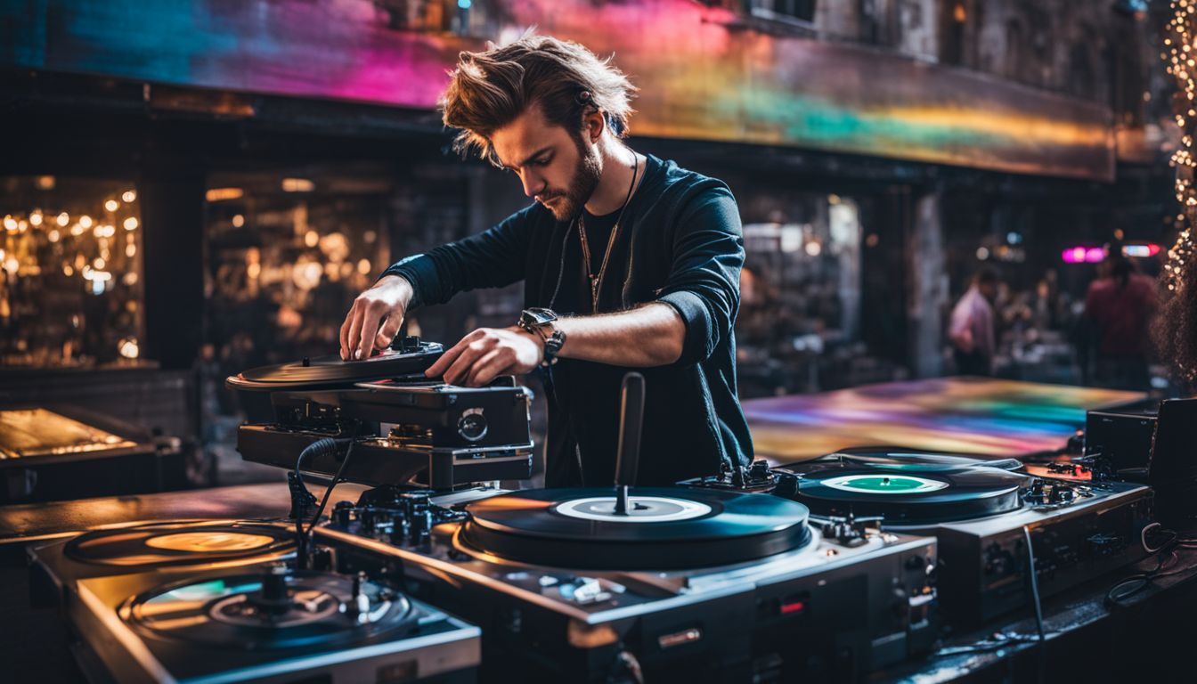 A DJ scratching vinyl records in a bustling cityscape atmosphere.
