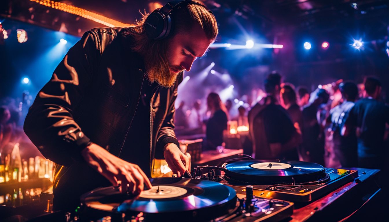 A DJ scratching vinyl records in a crowded urban nightclub.