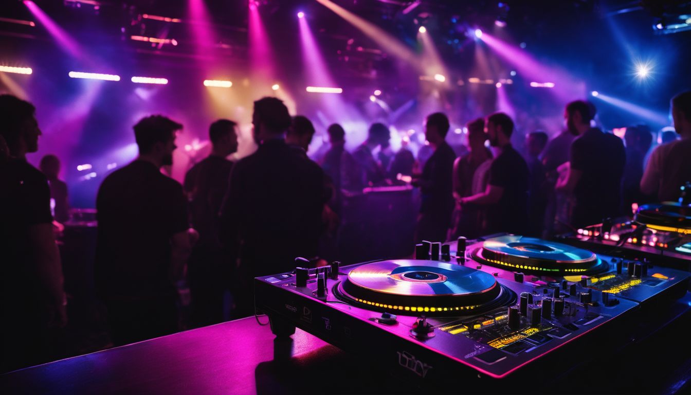 A DJ turntable and mixer in a bustling club with diverse crowd.