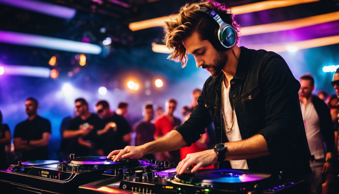 A DJ mixing music on a vibrant dance floor in the city.