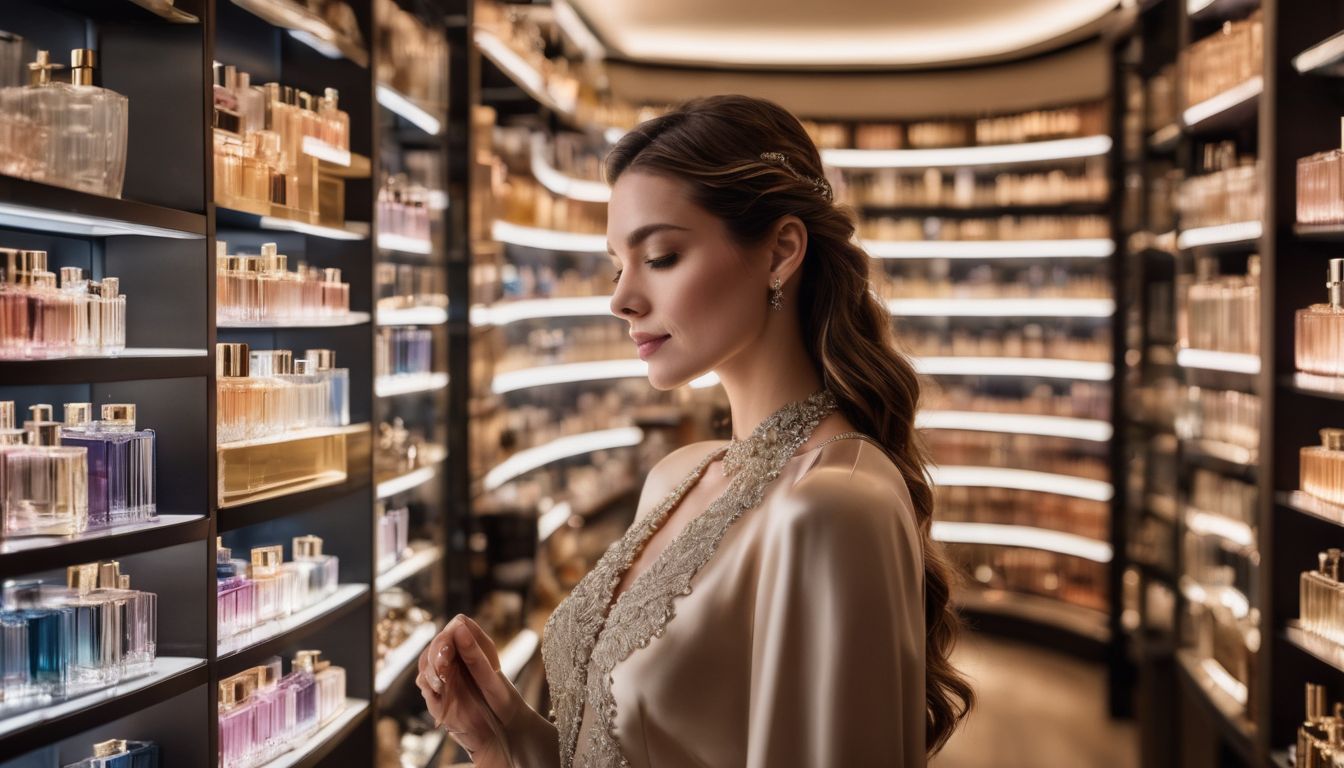 A woman surrounded by luxury perfume bottles in an elegant boutique.