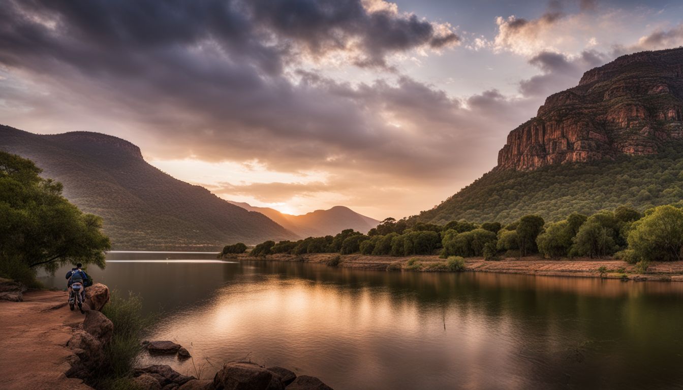 A scenic view of Hartbeespoort Dam with horse riding trails and people.