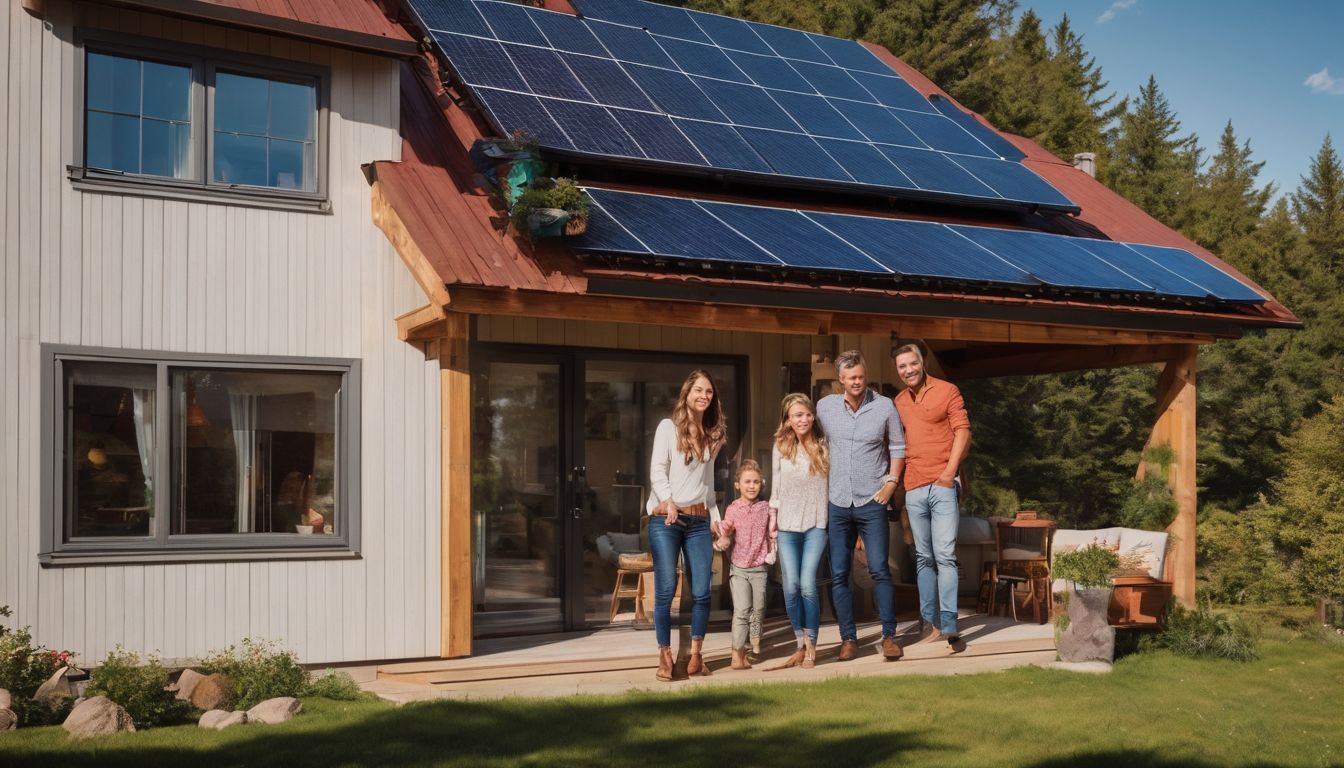 A family posing in front of a solar-powered home.