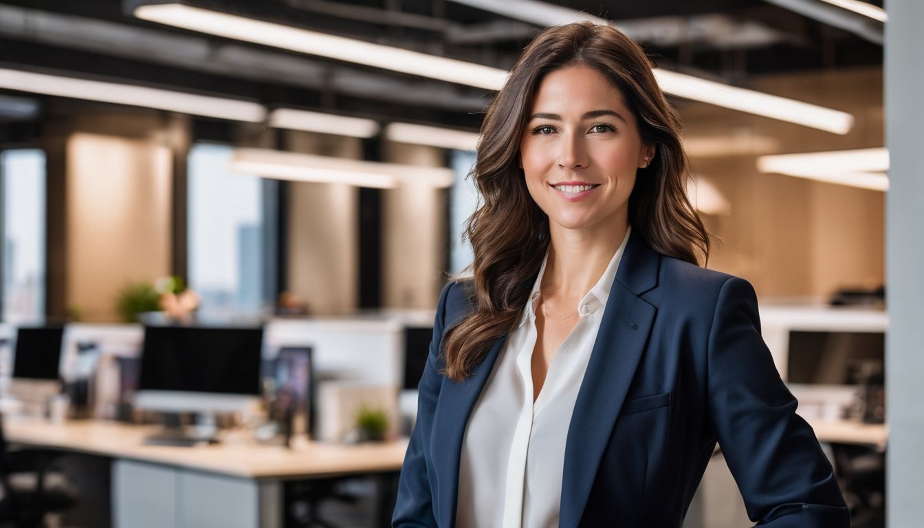 A confident businesswoman standing in a modern office with a cityscape.