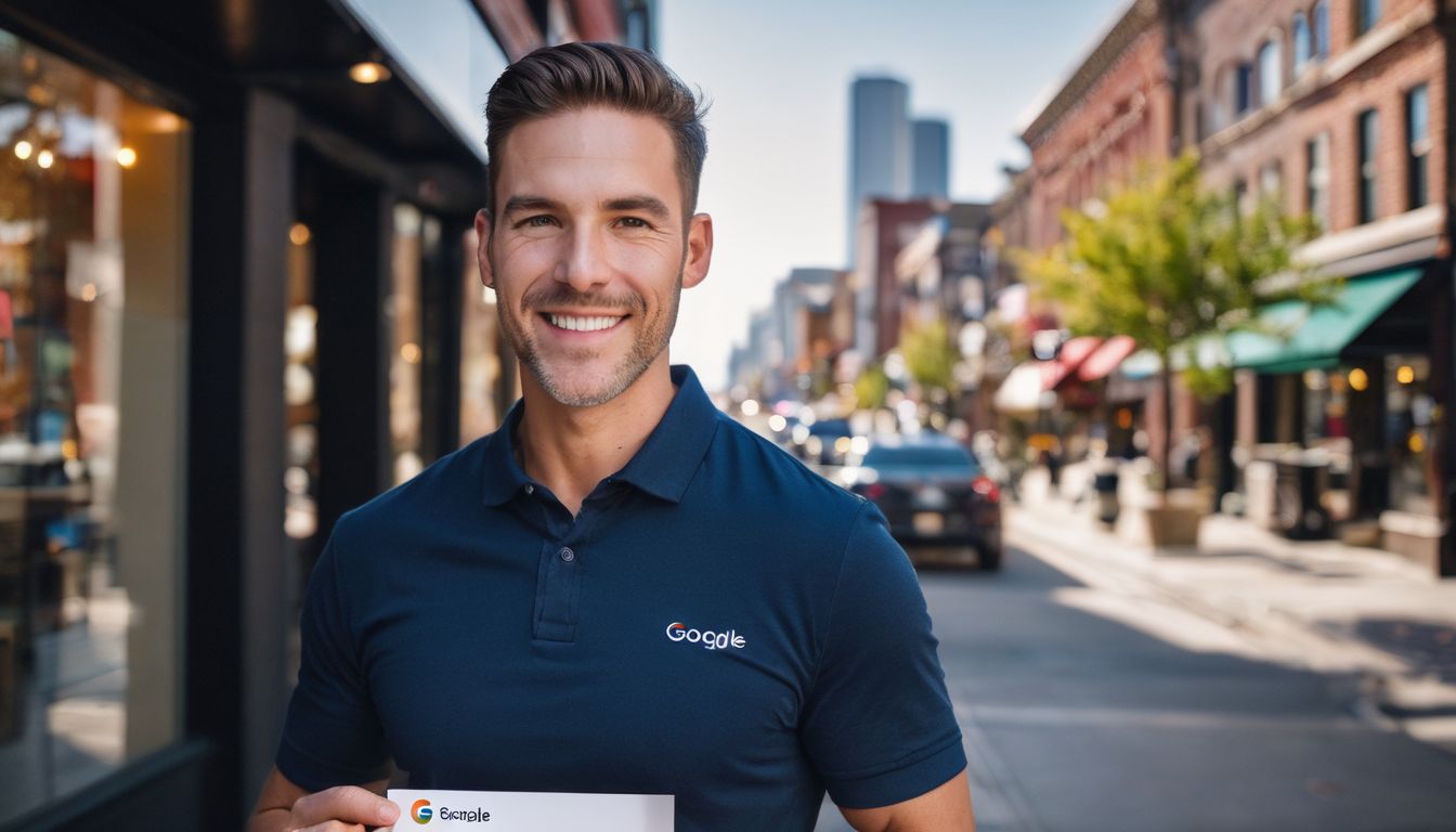 A business owner holding a Google My Business verification postcard outside their storefront.