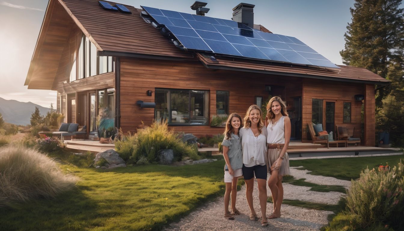 A family standing in front of their solar-powered home with solar panels.