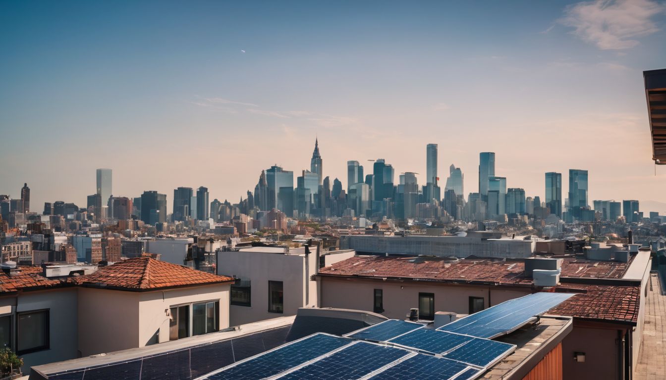A rooftop with solar panels overlooking a bustling cityscape.
