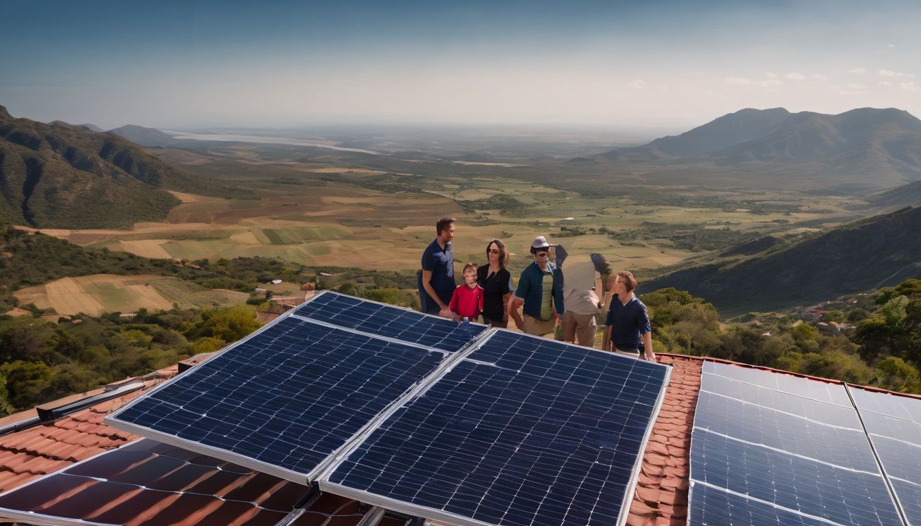 A family standing next to a solar panel installation in South Africa.