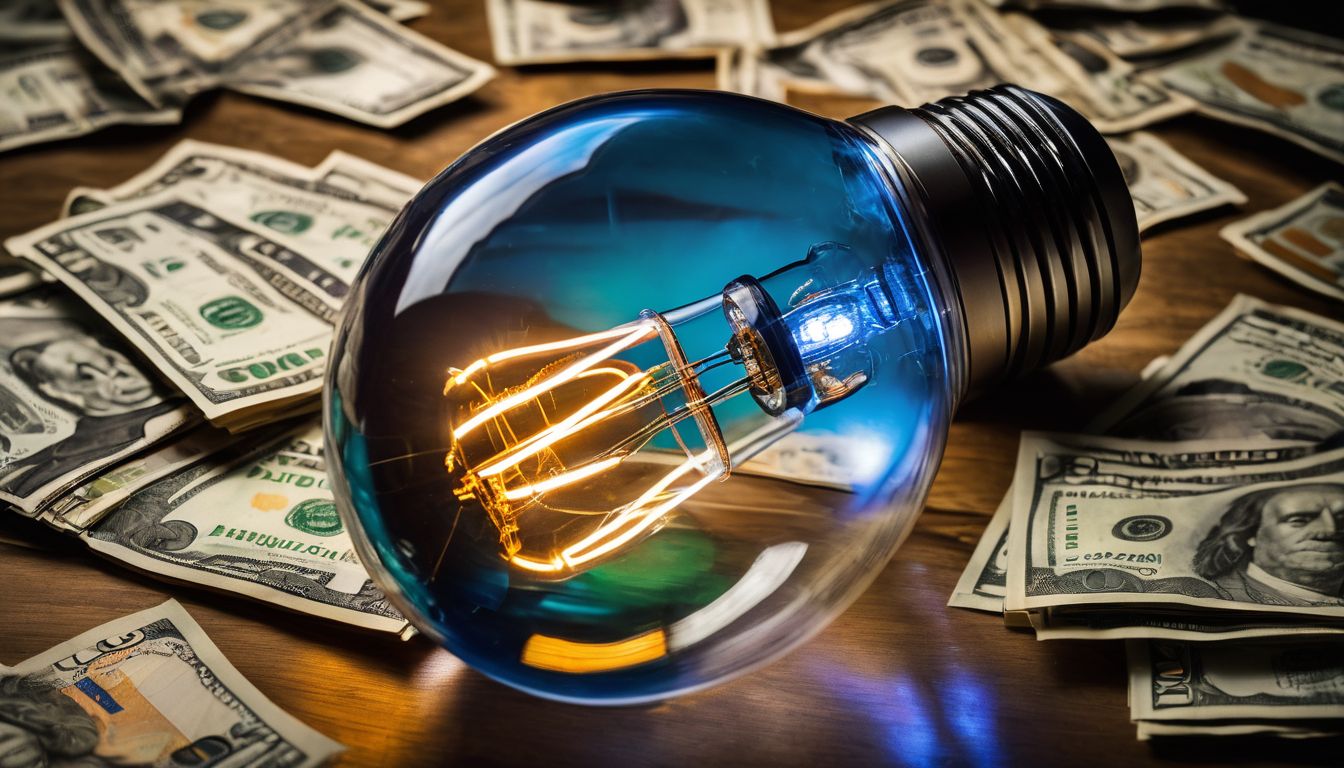 A glowing light bulb surrounded by currency notes in a vibrant setting.