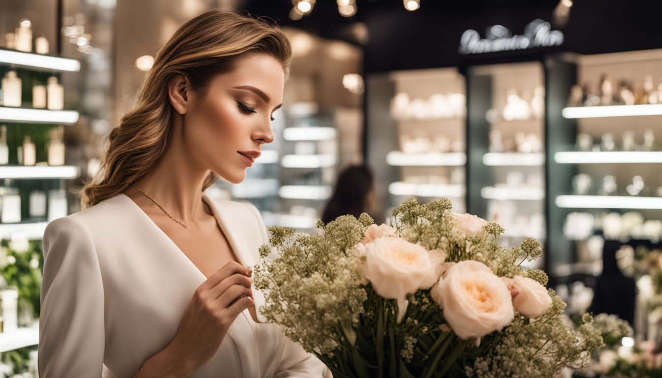 A woman enjoying the scent of flowers in a chic perfume store.