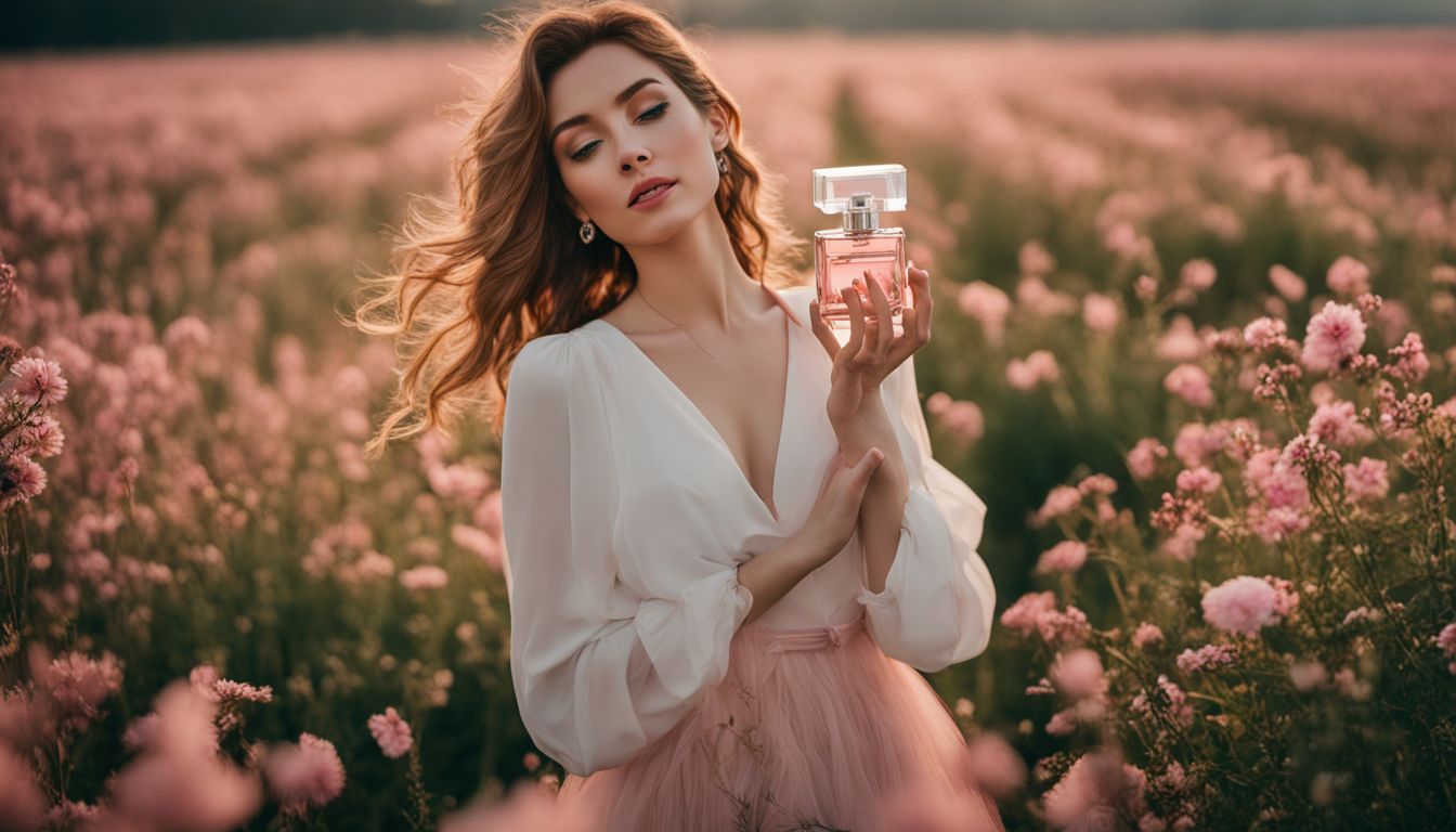 A woman standing in a field of blooming flowers holding a bottle of perfume.