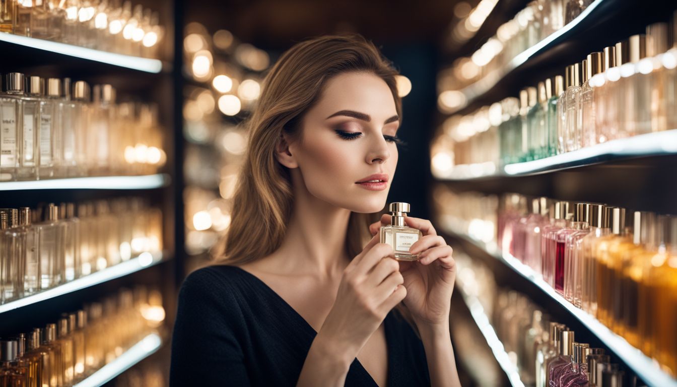 A woman surrounded by shelves of perfume bottles, smelling a tester strip.