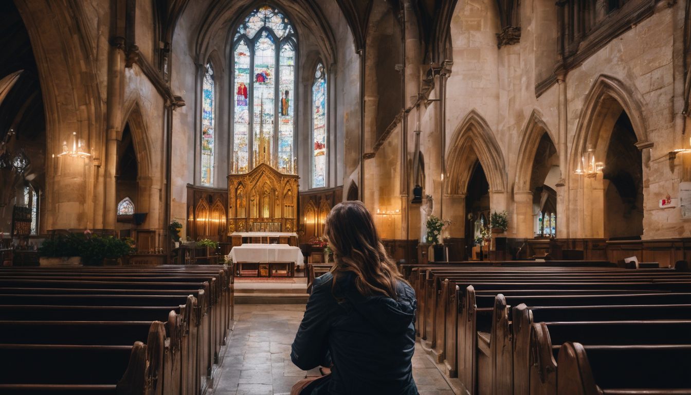 A person sitting alone in a church pew, looking contemplative in the bustling city.