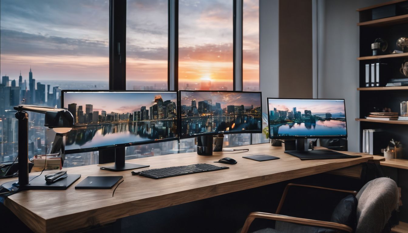 A modern office desk with a computer and cityscape photography.
