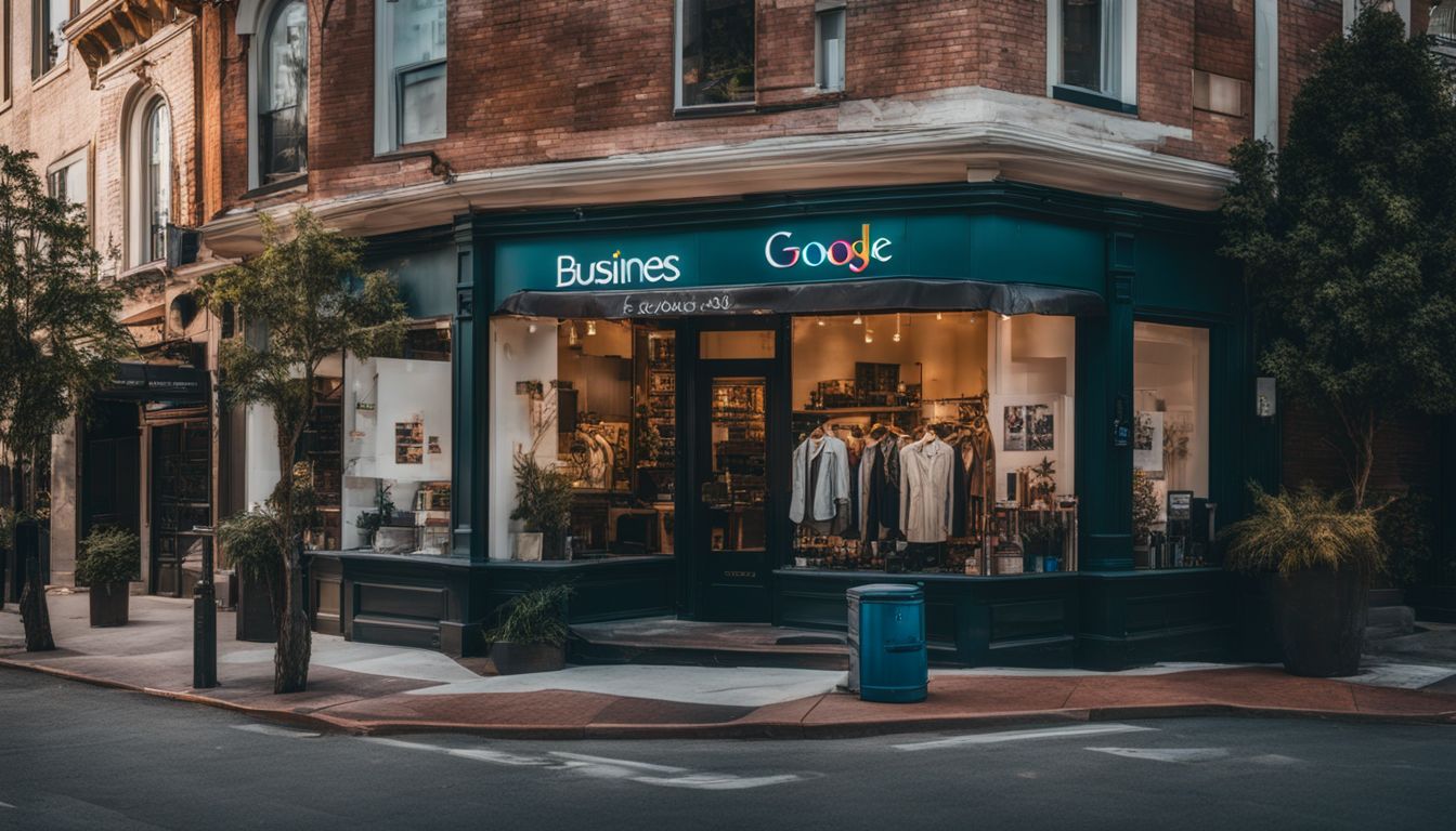 A busy storefront with diverse people and a Google My Business window sticker.